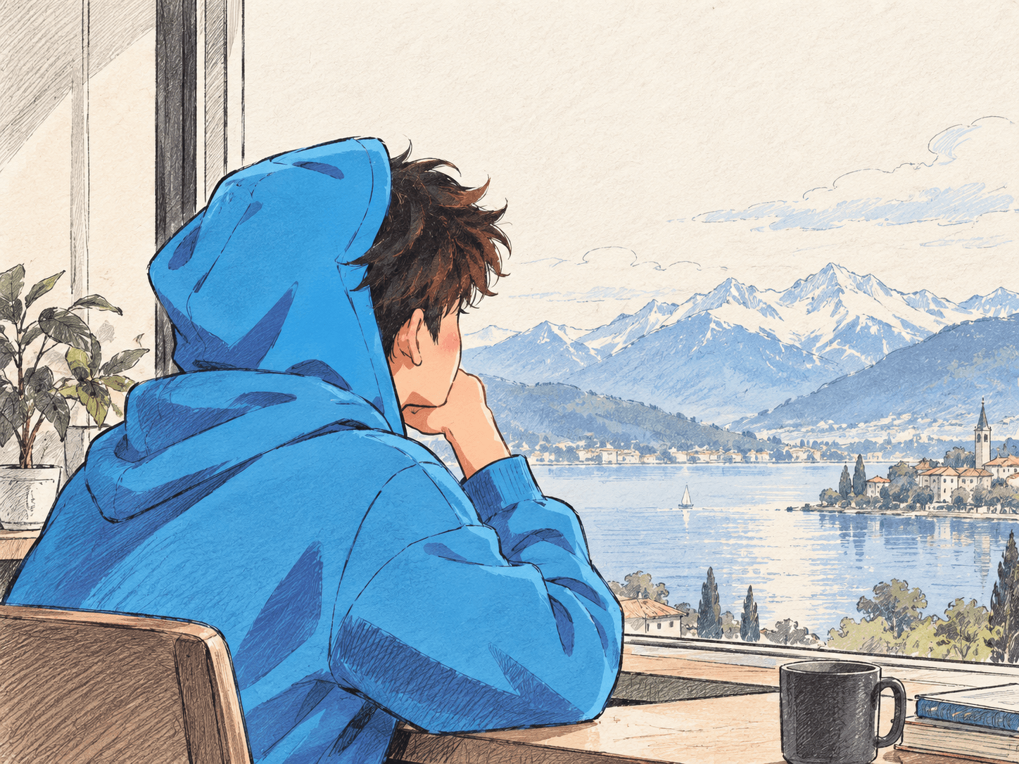 Leo in his blue hoodie looking out over a Swiss lake and mountains from a desk by the window